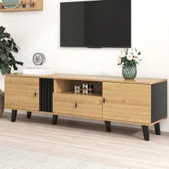 Meuble TV 170 cm avec design bois et noir, tiroirs, fonction de rangement, style élégant et moderne
