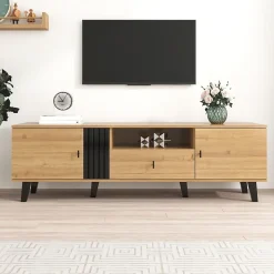 Meuble TV 170 cm avec design bois et noir, tiroirs, fonction de rangement, style élégant et moderne