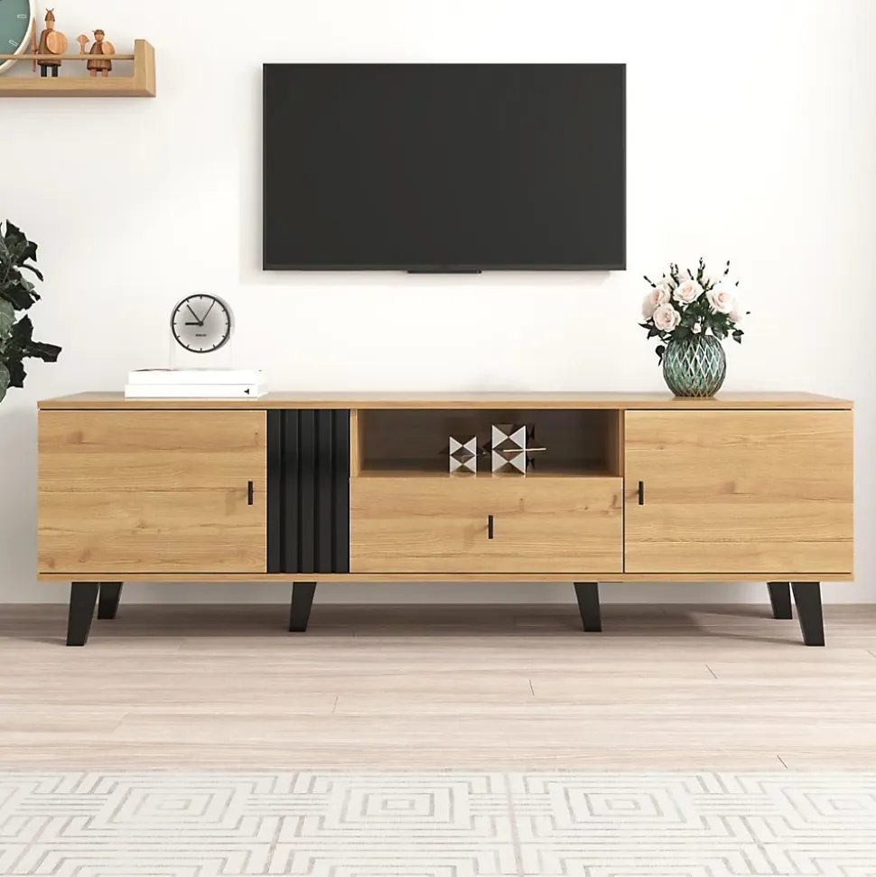 Meuble TV 170 cm avec design bois et noir, tiroirs, fonction de rangement, style élégant et moderne