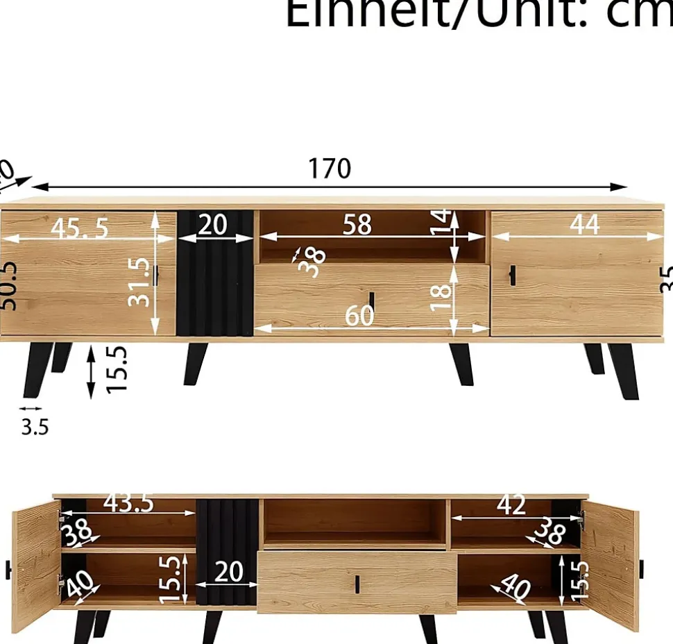 Meuble TV 170 cm avec design bois et noir, tiroirs, fonction de rangement, style élégant et moderne