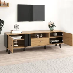 Meuble TV 170 cm avec design bois et noir, tiroirs, fonction de rangement, style élégant et moderne