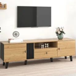 Meuble TV 170 cm avec design bois et noir, tiroirs, fonction de rangement, style élégant et moderne