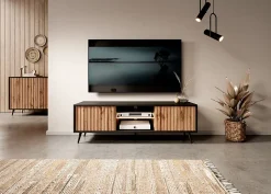Meuble TV 135 cm avec LED noir et chene Wotan facades a lamelles BELLO