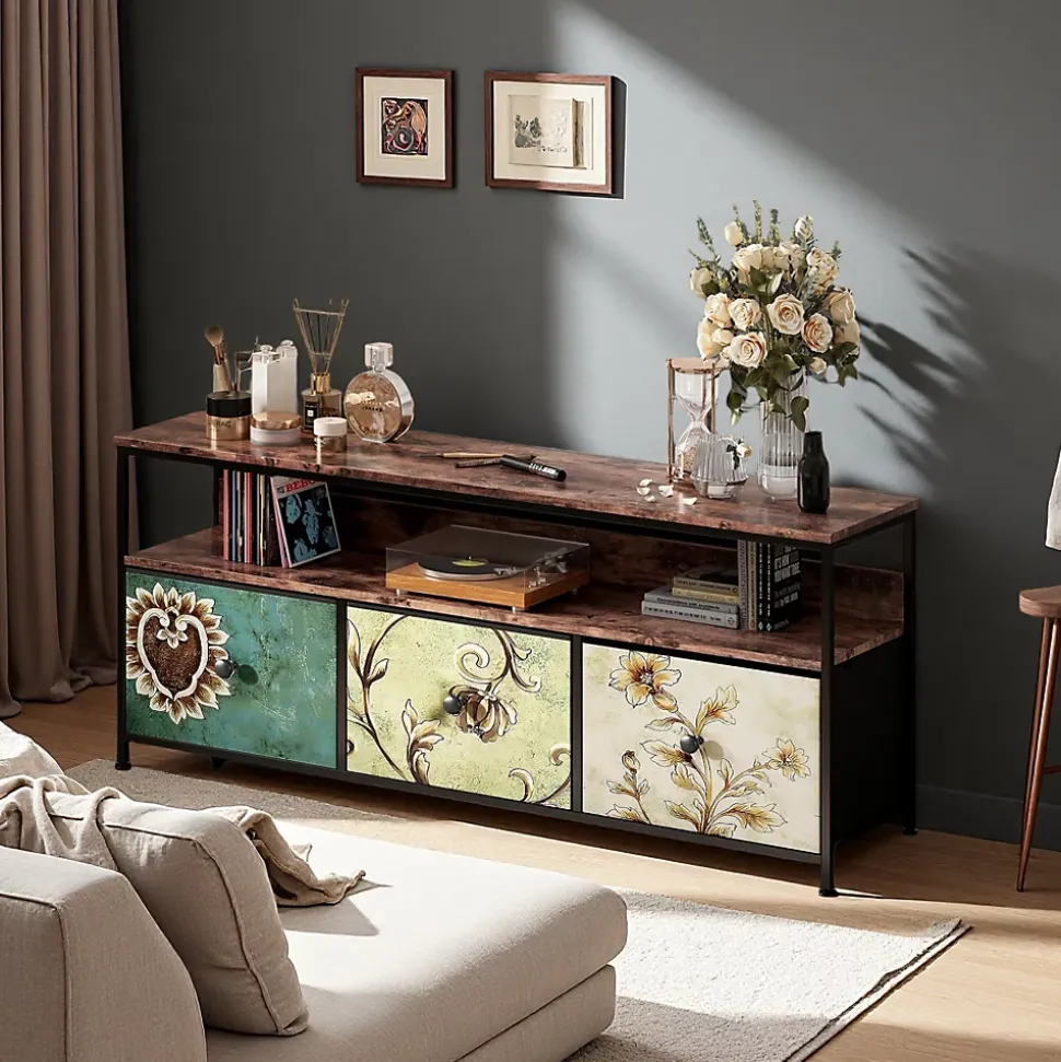 Meuble TV 137 cm avec LED, plateau effet bois tigre, 4 tiroirs tissu coloré, cadre métal, rangement moderne pieds réglables