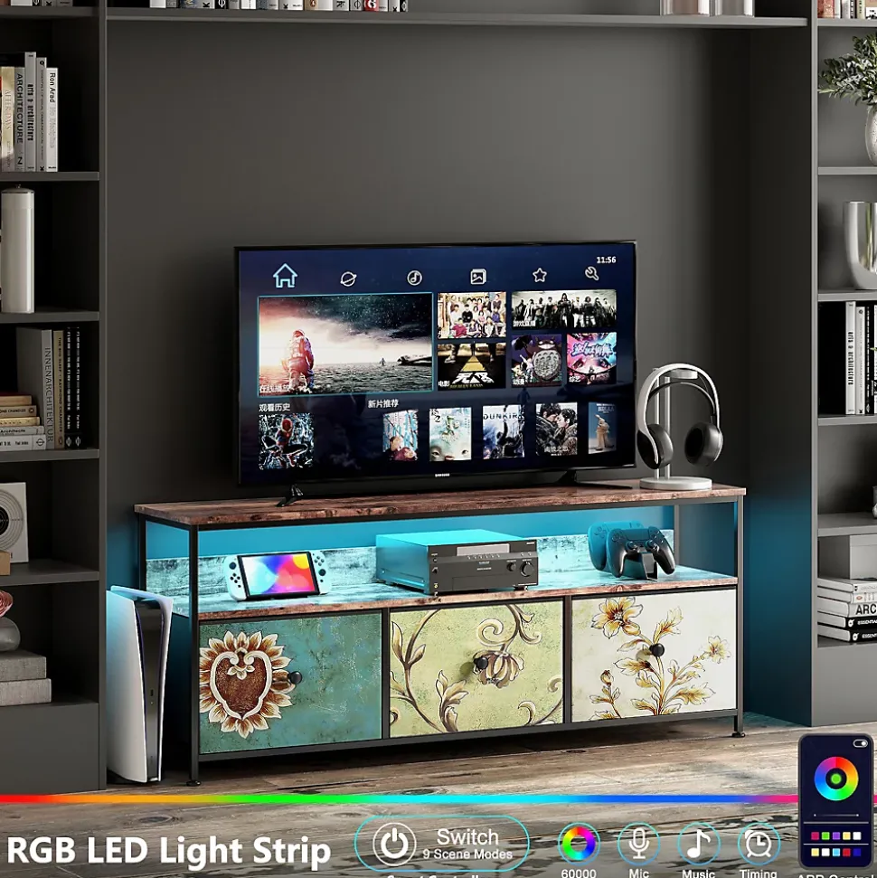 Meuble TV 137 cm avec LED, plateau effet bois tigre, 4 tiroirs tissu coloré, cadre métal, rangement moderne pieds réglables