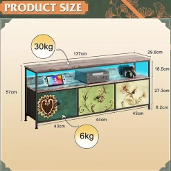 Meuble TV 137 cm avec LED, plateau effet bois tigre, 4 tiroirs tissu coloré, cadre métal, rangement moderne pieds réglables