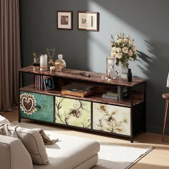 Meuble TV 137 cm avec LED, plateau effet bois tigre, 4 tiroirs tissu coloré, cadre métal, rangement moderne pieds réglables