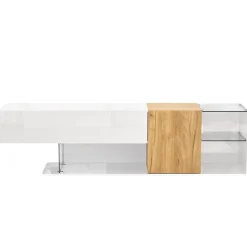 Meuble TV 180 cm avec Rangements et Étagères en Verre, Pieds Bois, Design Moderne, PB Partiellement Brillant - 180x38x48 cm, Blanc