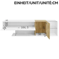 Meuble TV 180 cm avec Rangements et Étagères en Verre, Pieds Bois, Design Moderne, PB Partiellement Brillant - 180x38x48 cm, Blanc