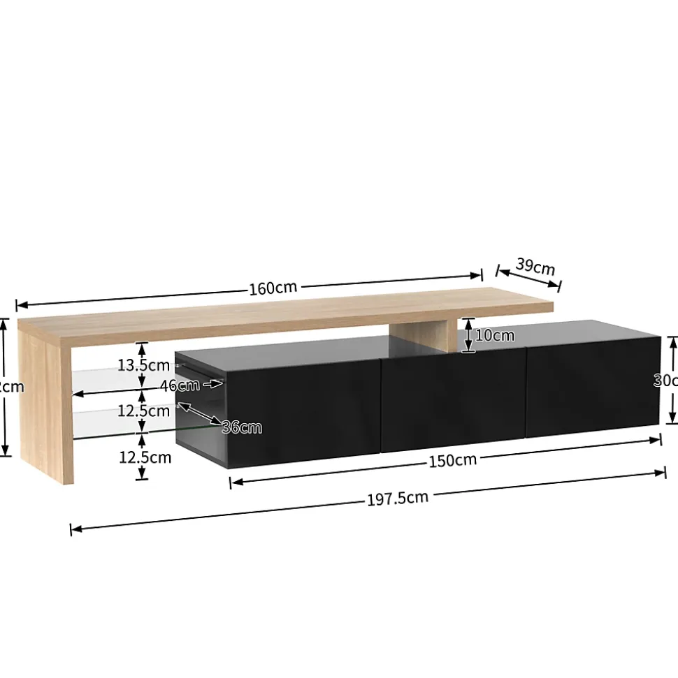 Meuble TV 197,5 Cm Avec Étagères En Verre Et Éclairage LED,3 Portes, Aspect Bois, Noir