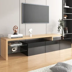 Meuble TV 197,5 Cm Avec Étagères En Verre Et Éclairage LED,3 Portes, Aspect Bois, Noir