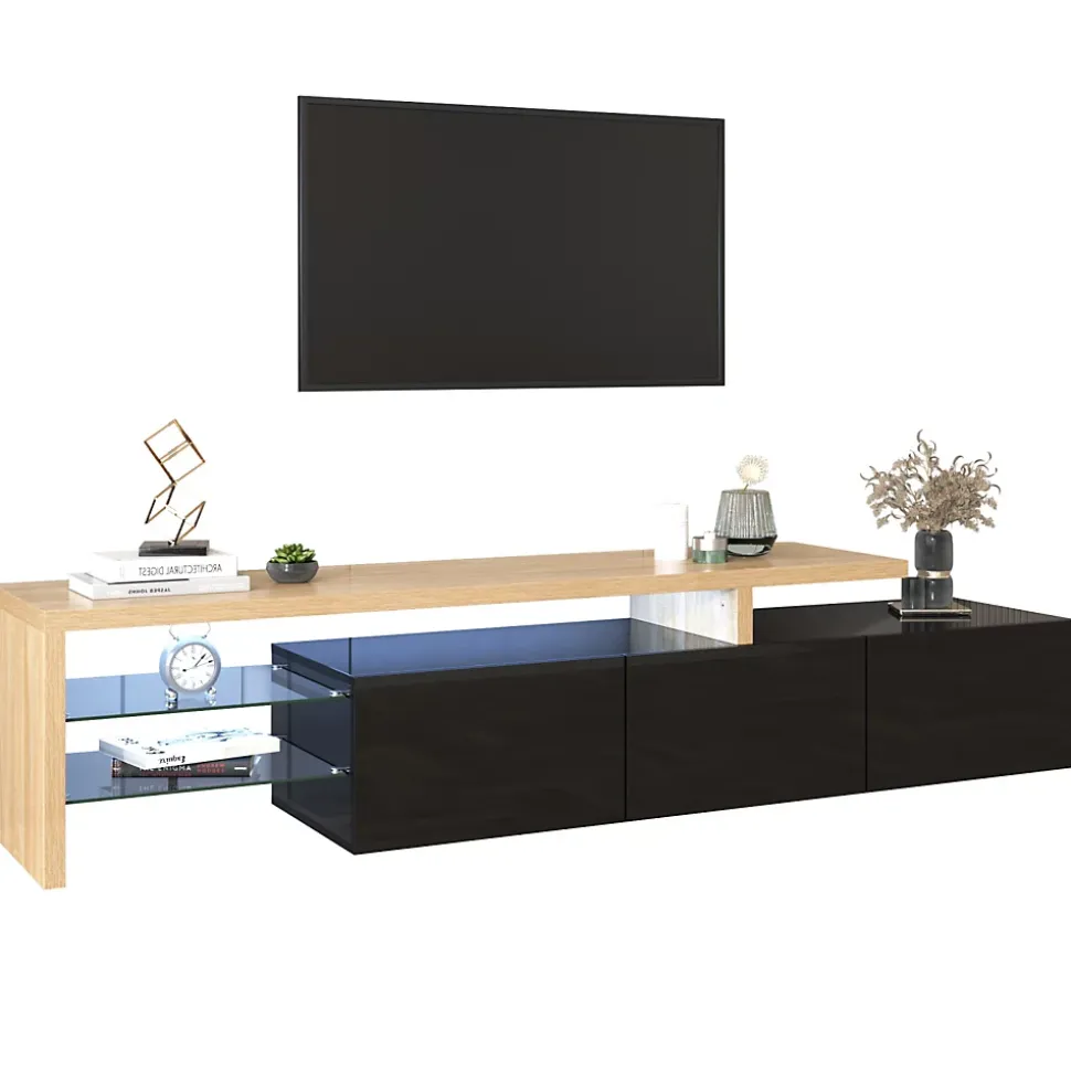 Meuble TV 197,5 Cm Avec Étagères En Verre Et Éclairage LED,3 Portes, Aspect Bois, Noir