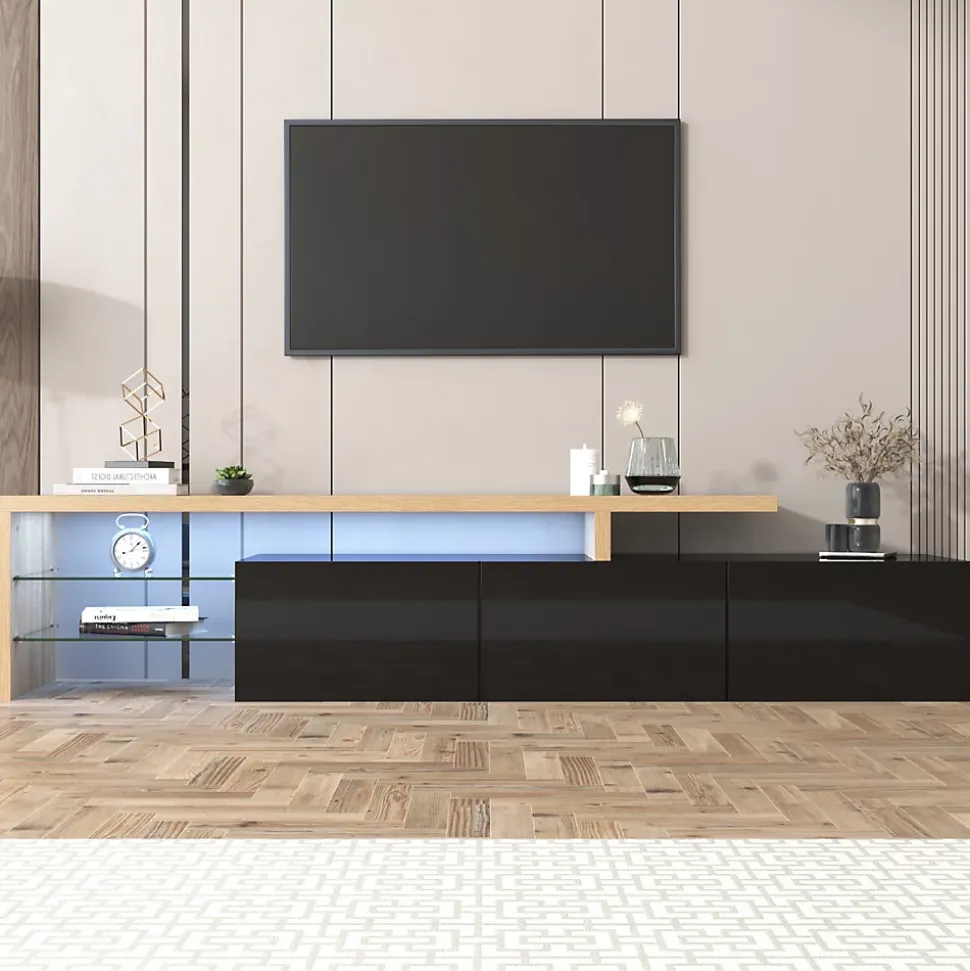 Meuble TV 197,5 Cm Avec Étagères En Verre Et Éclairage LED,3 Portes, Aspect Bois, Noir