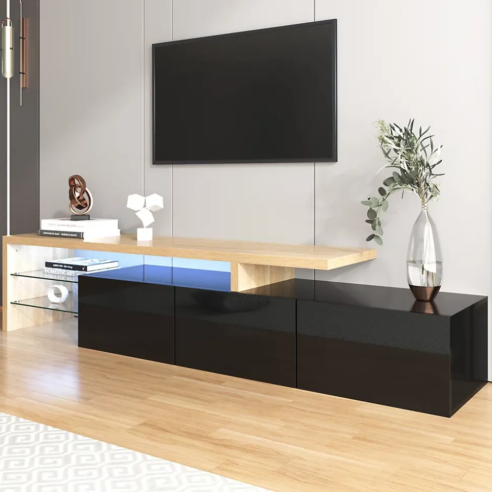 Meuble TV 197,5 Cm Avec Étagères En Verre Et Éclairage LED,3 Portes, Aspect Bois, Noir