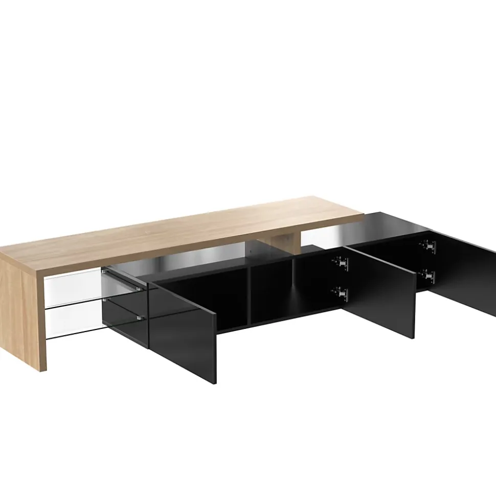 Meuble TV 197,5 Cm Avec Étagères En Verre Et Éclairage LED,3 Portes, Aspect Bois, Noir