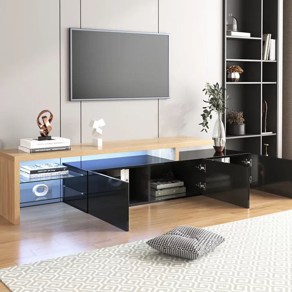 Meuble TV 197,5 Cm Avec Étagères En Verre Et Éclairage LED,3 Portes, Aspect Bois, Noir