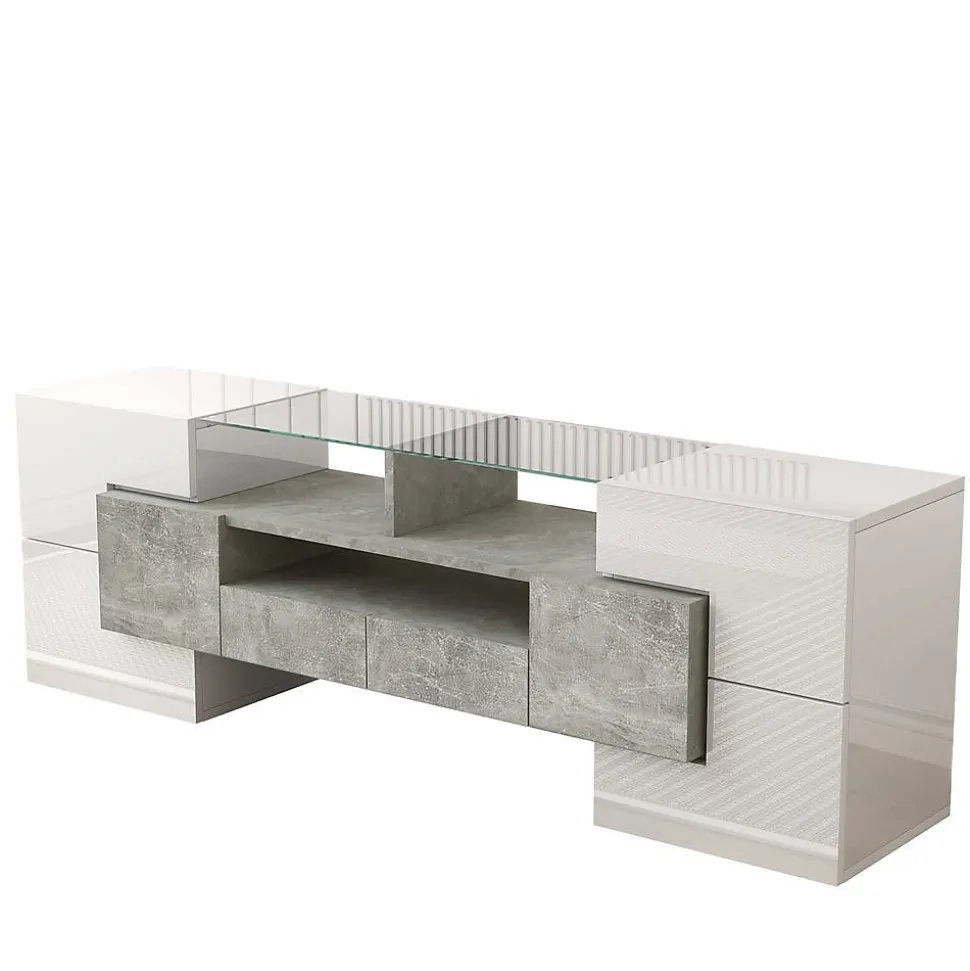 Meuble TV 145 cm blanc brillant, surface en verre LED, Blackcolors