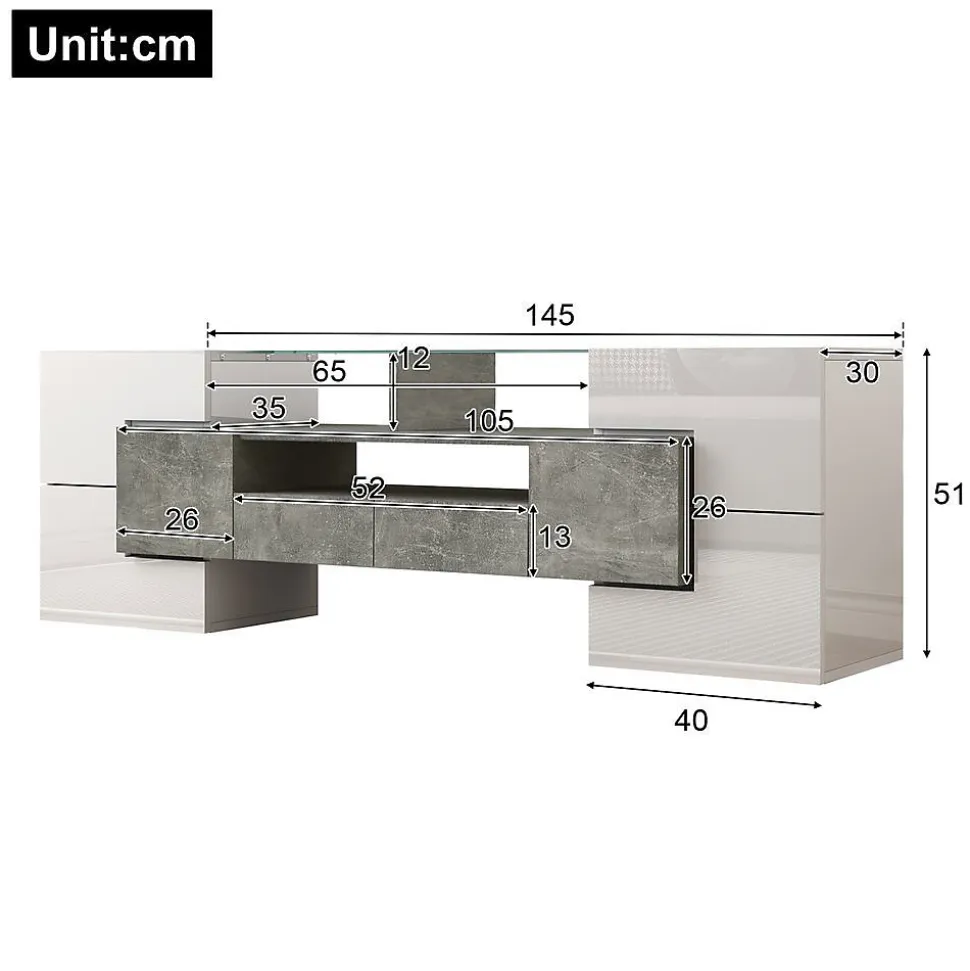 Meuble TV 145 cm blanc brillant, surface en verre LED, Blackcolors