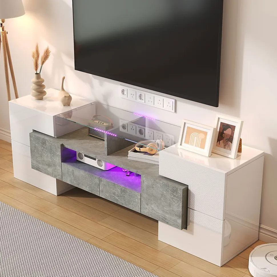 Meuble TV 145 cm blanc brillant, surface en verre LED, Blackcolors
