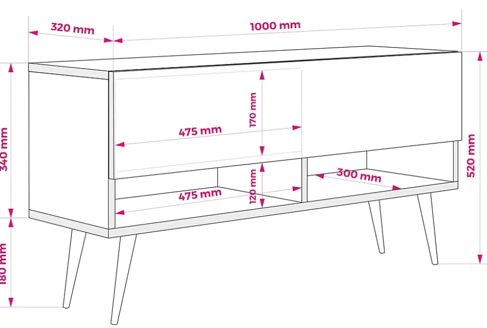 Meuble TV 170 cm Blanc Mat, pieds obliques dorés, 170 x 32 x 52 cm