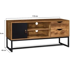 Meuble TV 110 cm CHICAGO 2 tiroirs avec placard design industriel