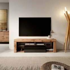Meuble TV 140 cm chêne Lancelot et noir brillant BIANCO