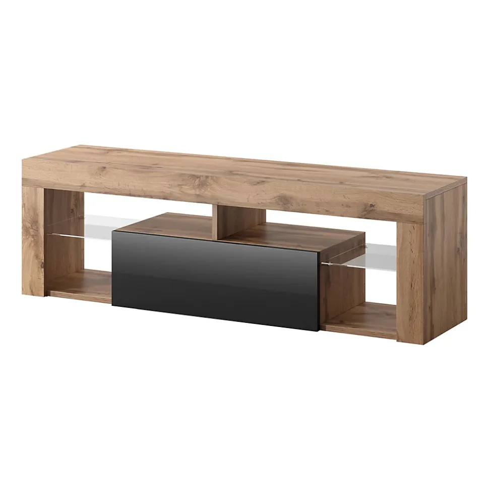 Meuble TV 140 cm chêne Lancelot et noir brillant BIANCO