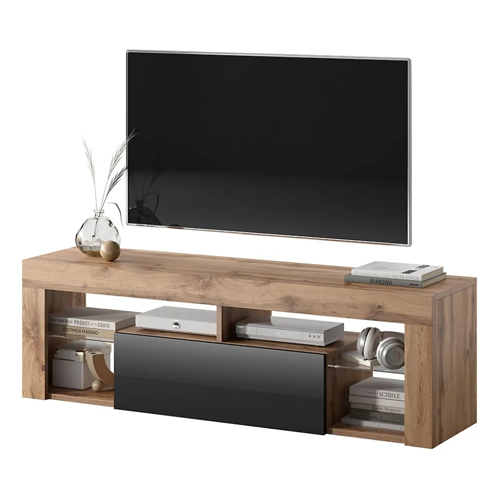 Meuble TV 140 cm chêne Lancelot et noir brillant BIANCO