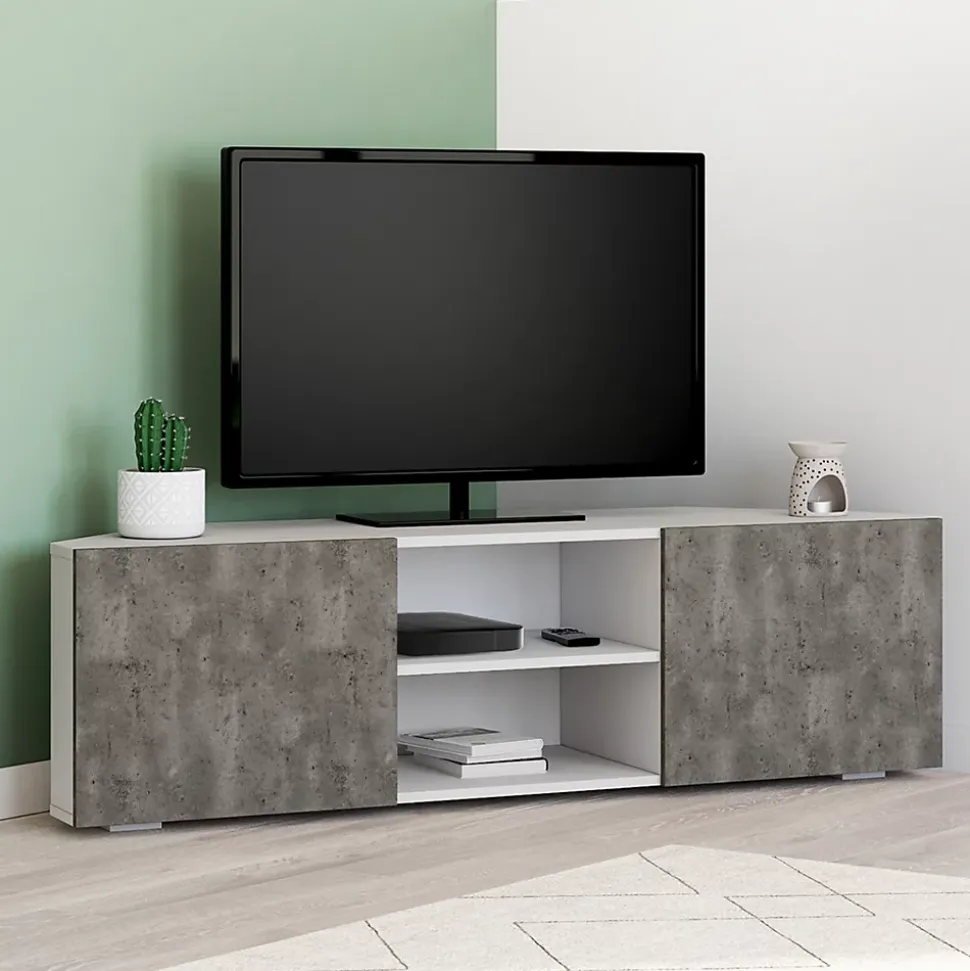 Meuble TV 110 cm d'angle ELI blanc portes effet béton