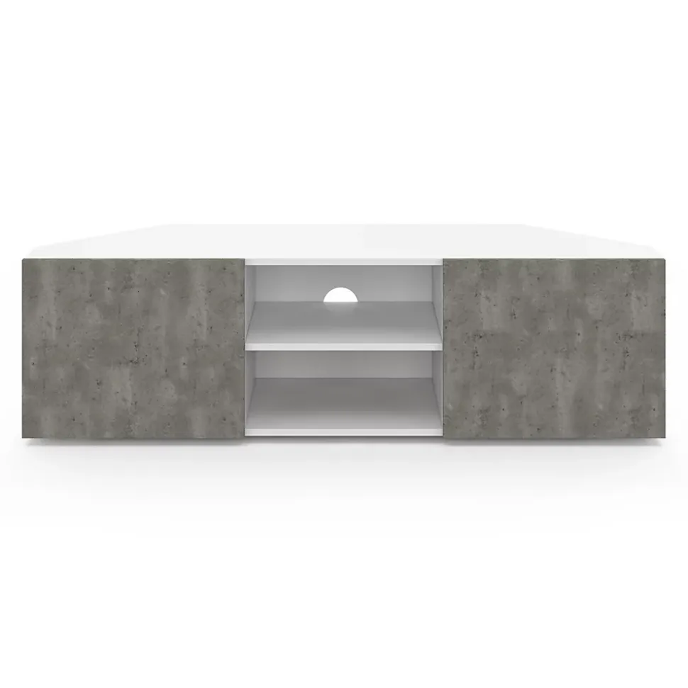 Meuble TV 110 cm d'angle ELI blanc portes effet béton