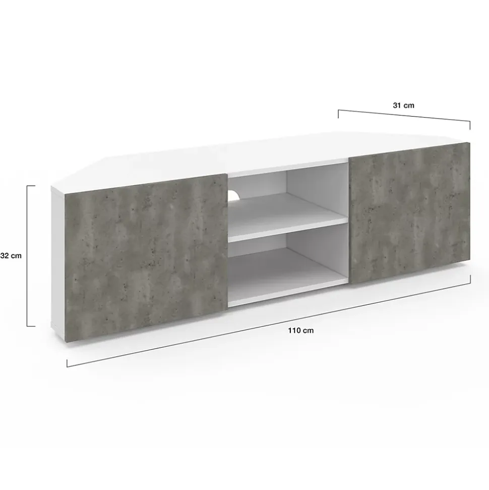 Meuble TV 110 cm d'angle ELI blanc portes effet béton