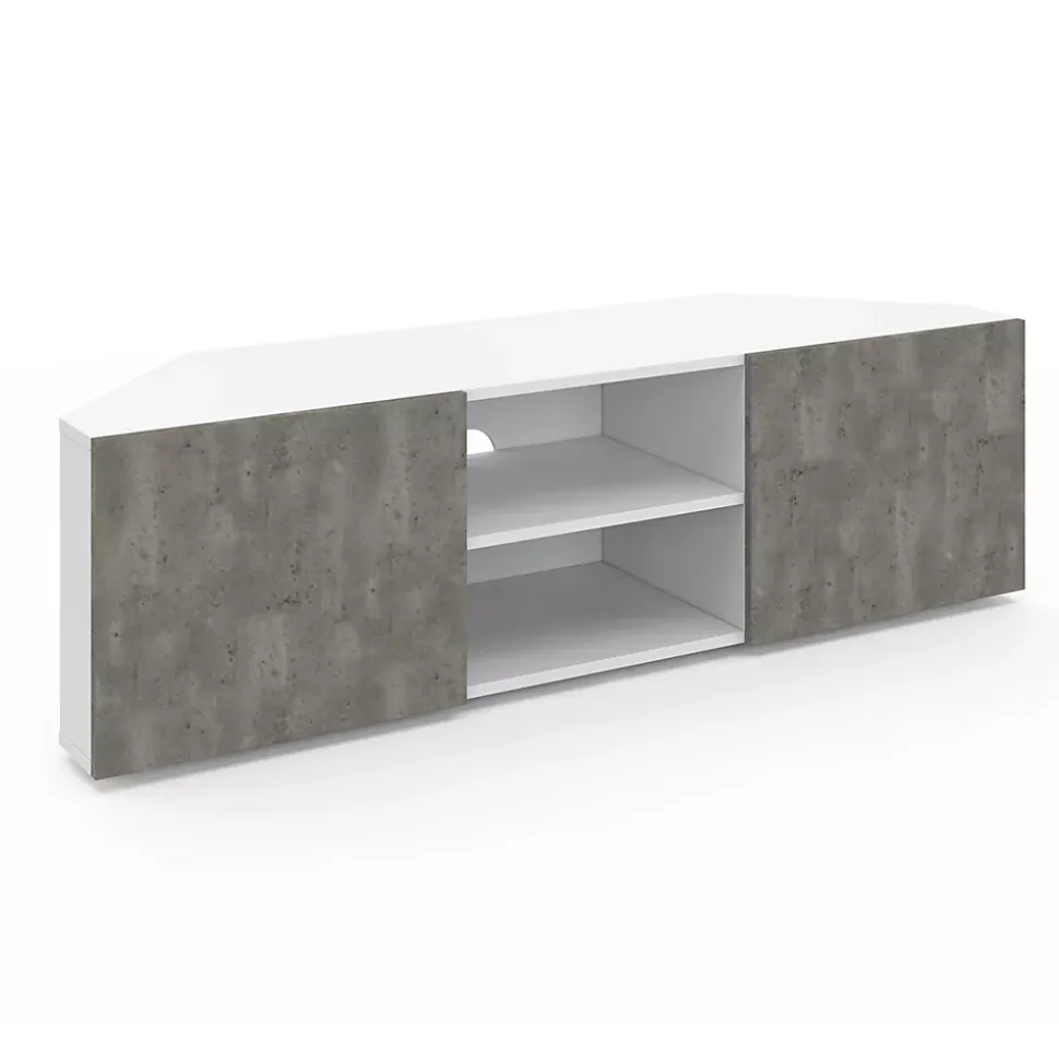 Meuble TV 110 cm d'angle ELI blanc portes effet béton