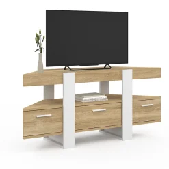 Meuble TV 110 cm d'angle PHOENIX avec tiroir bois et blanc