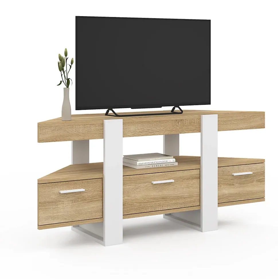 Meuble TV 110 cm d'angle PHOENIX avec tiroir bois et blanc