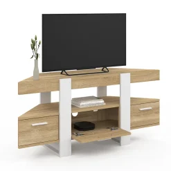 Meuble TV 110 cm d'angle PHOENIX avec tiroir bois et blanc