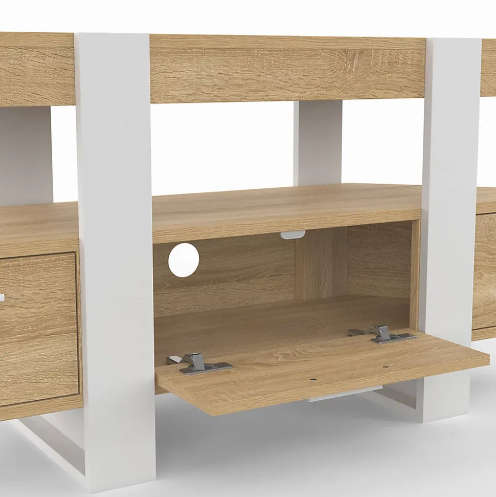 Meuble TV 110 cm d'angle PHOENIX avec tiroir bois et blanc