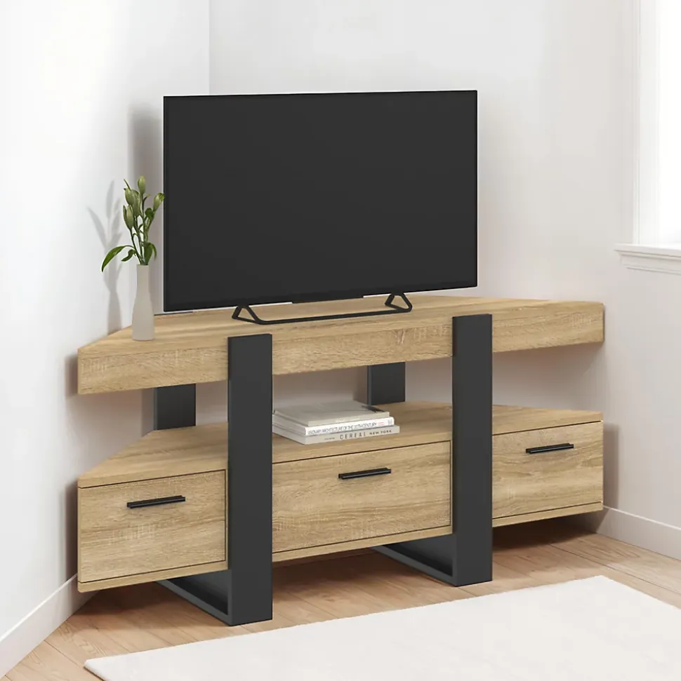 Meuble TV 110 cm d'angle PHOENIX avec tiroir bois et noir