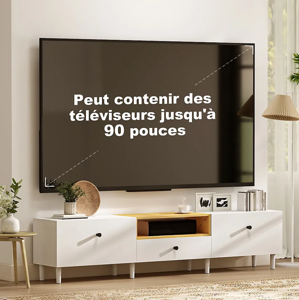 Meuble TV 200 cm design bicolore sur pied 2 portes rabattables tiroir niche effet bois clair blanc