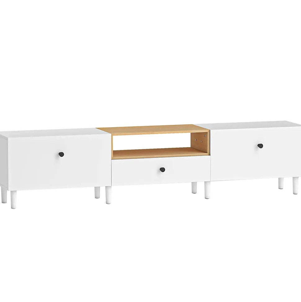 Meuble TV 200 cm design bicolore sur pied 2 portes rabattables tiroir niche effet bois clair blanc
