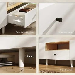 Meuble TV 200 cm design bicolore sur pied 2 portes rabattables tiroir niche effet bois clair blanc