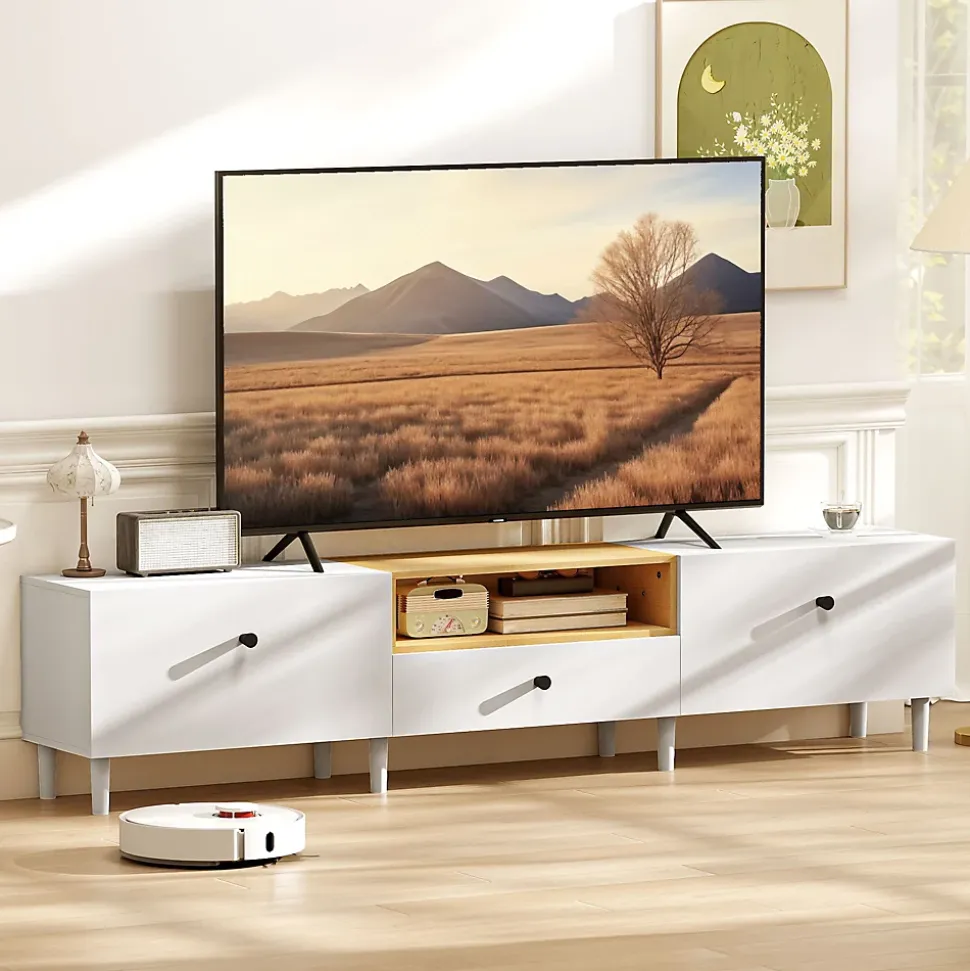 Meuble TV 200 cm design bicolore sur pied 2 portes rabattables tiroir niche effet bois clair blanc