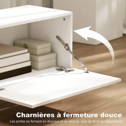 Meuble TV 200 cm design bicolore sur pied 2 portes rabattables tiroir niche effet bois clair blanc