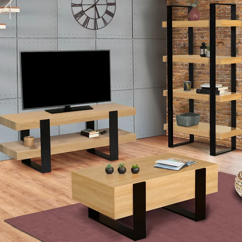 Meuble TV 114 cm double plateau PHOENIX bois et noir
