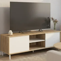 Meuble TV 140 cm EASY montage sans outils 2 portes coulissantes réversibles effet bois et blanc