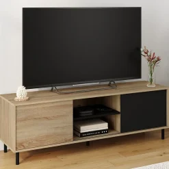 Meuble TV 140 cm EASY montage sans outils 2 portes coulissantes réversibles effet bois et noir