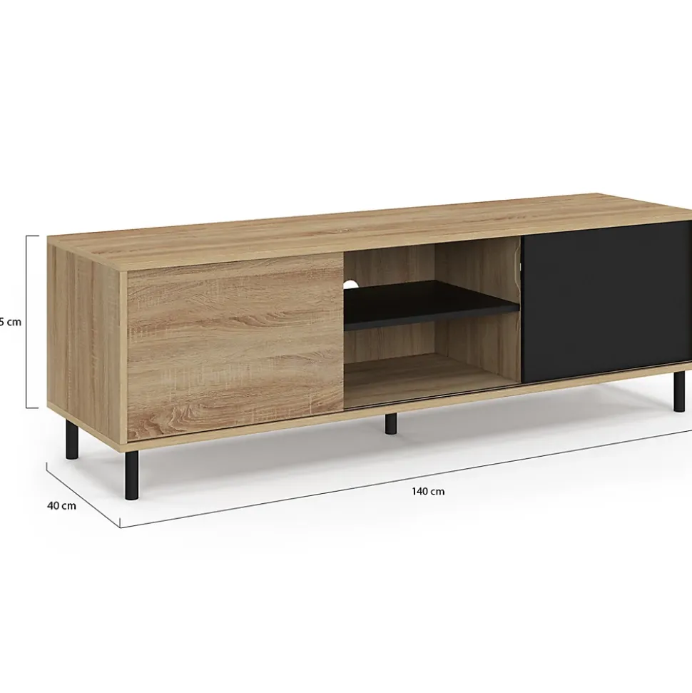 Meuble TV 140 cm EASY montage sans outils 2 portes coulissantes réversibles effet bois et noir