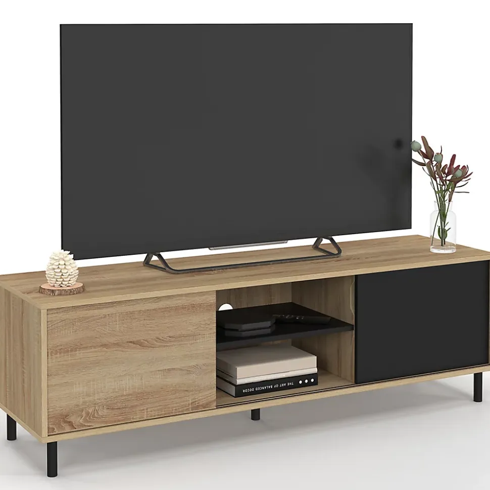 Meuble TV 140 cm EASY montage sans outils 2 portes coulissantes réversibles effet bois et noir
