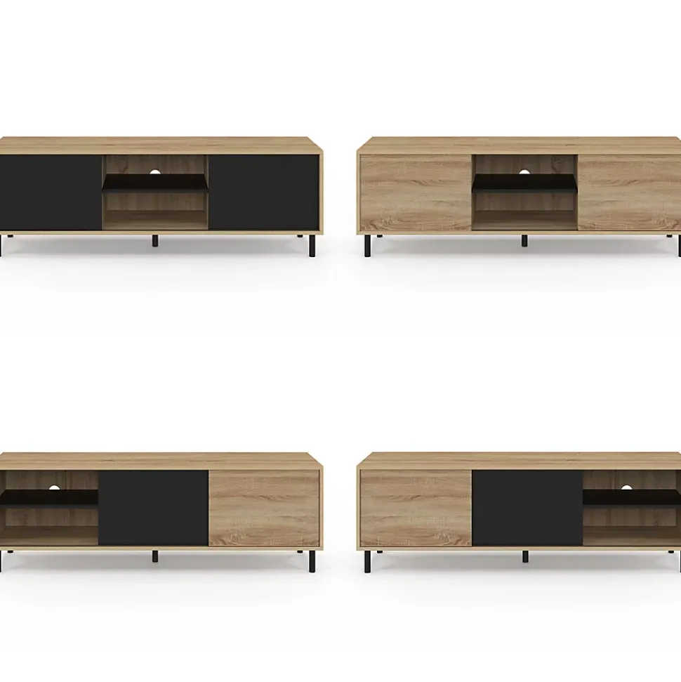 Meuble TV 140 cm EASY montage sans outils 2 portes coulissantes réversibles effet bois et noir