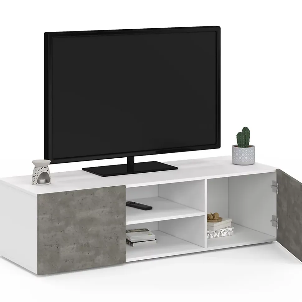 Meuble TV 113 cm ELI blanc portes effet béton