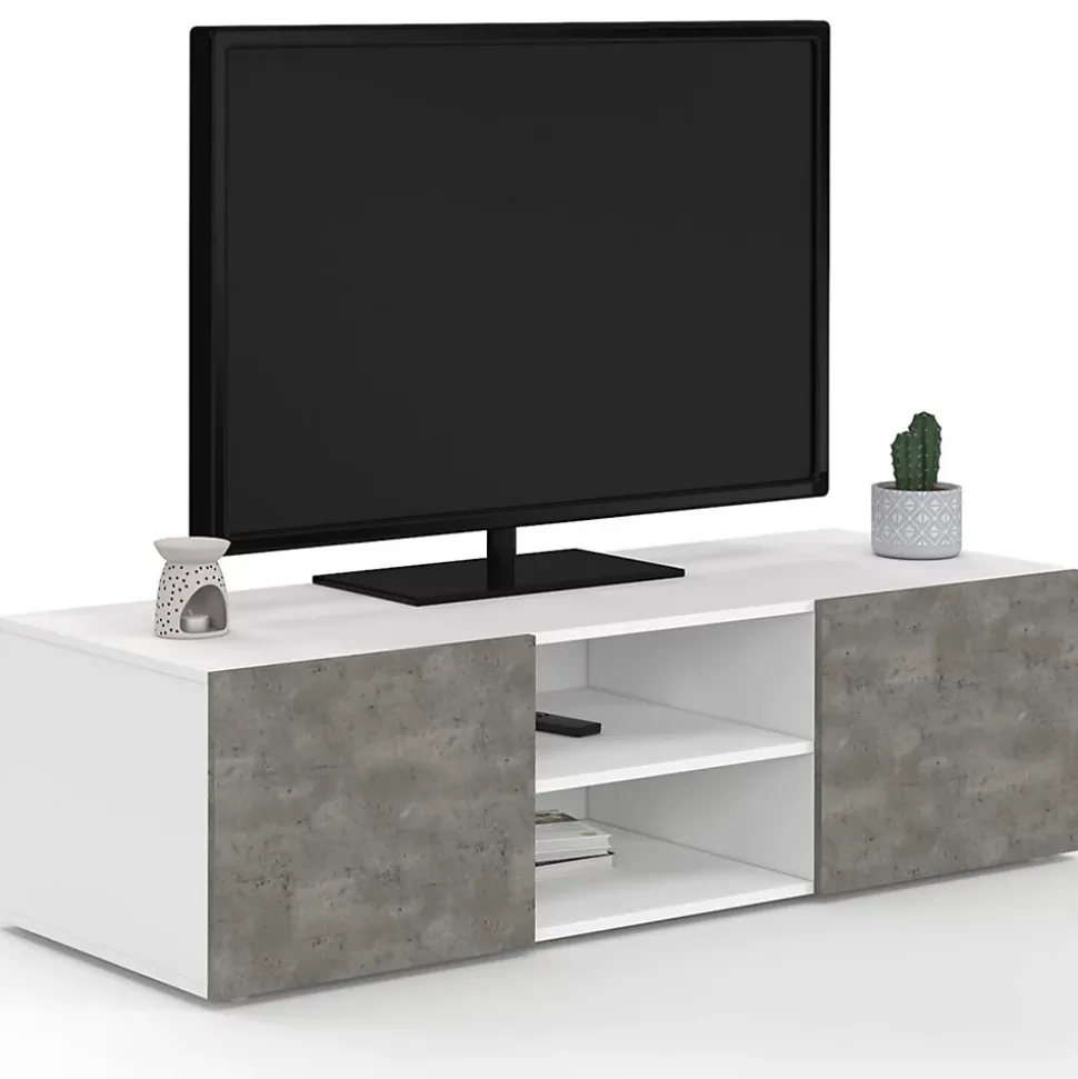 Meuble TV 113 cm ELI blanc portes effet béton